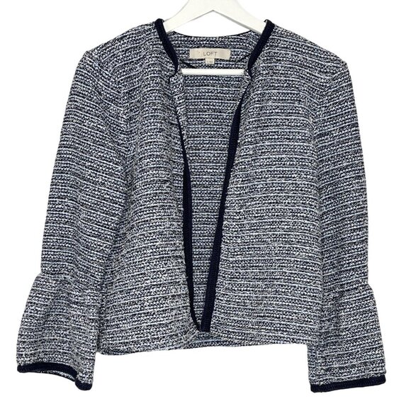 Loft blue bell sleeve blazer small tweed jacket open front quiet luxury workwear - Picture 1 of 12